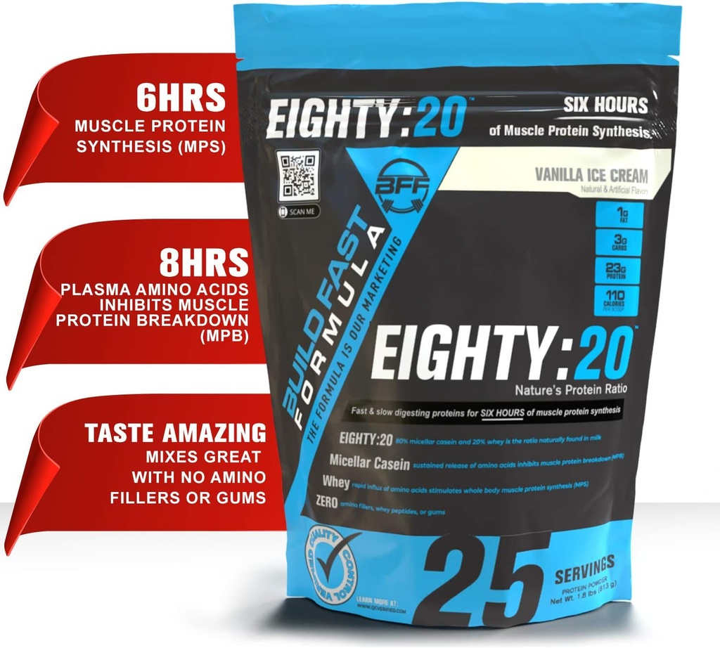 Ottanta:20 Proteine in Polvere Casein & Whey Blend | Proteine di digestione rapida e lenta per 6 ore Proteine del muscolo Sintesi per gli uomini e le donne | Keto Friendly & Great Tasting (Vanilla Ice Cream)