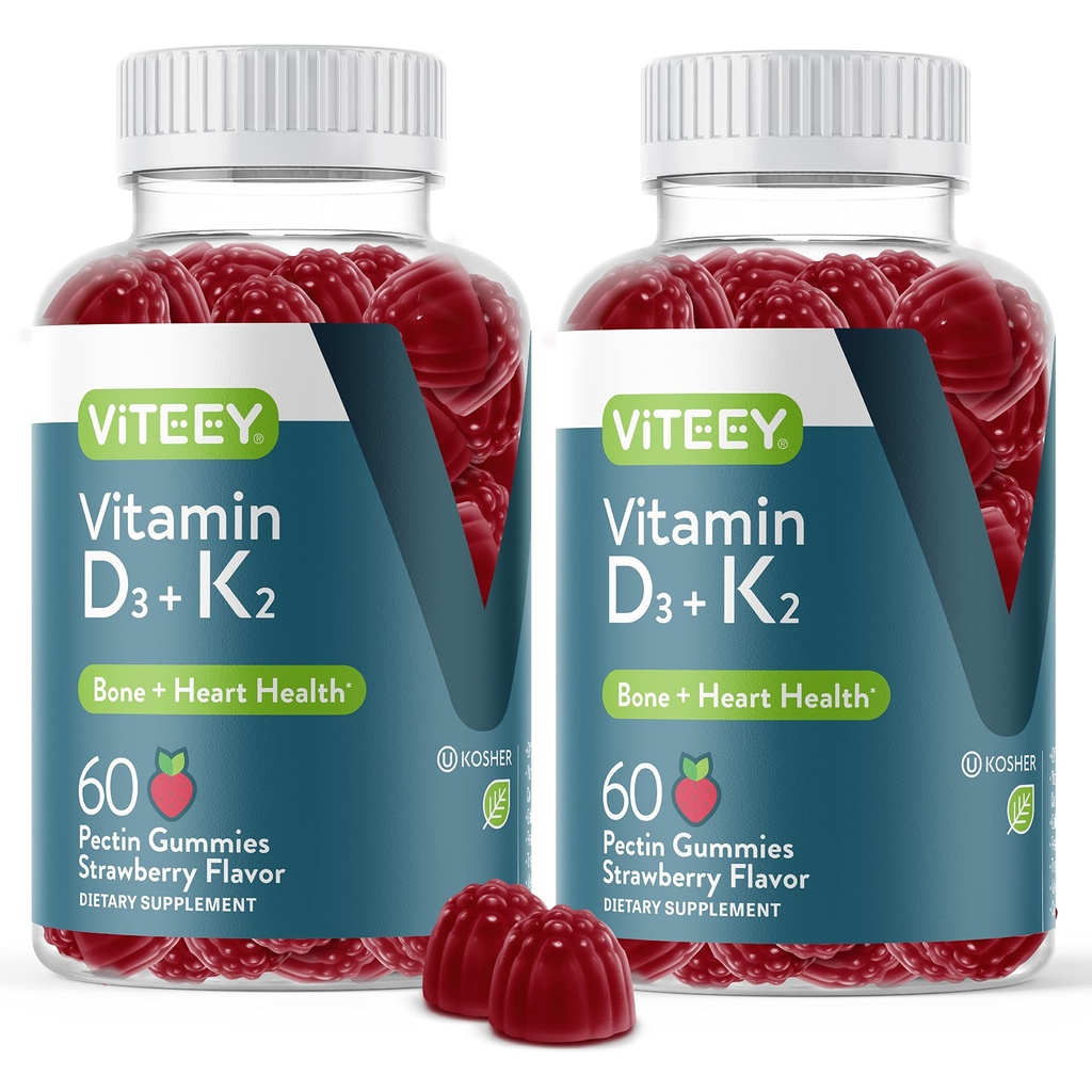 VITEEY Vitamin D3 K2 Gummies - 1000 IU Vitamin D3 e K2 100mcg - Bone & Heart Health for Adults and Teens - Vegetariano, Gelatin Free, GMO Free - Tasty Chewable D3K2 Vitamine Gomma aromatizzata alla fragola