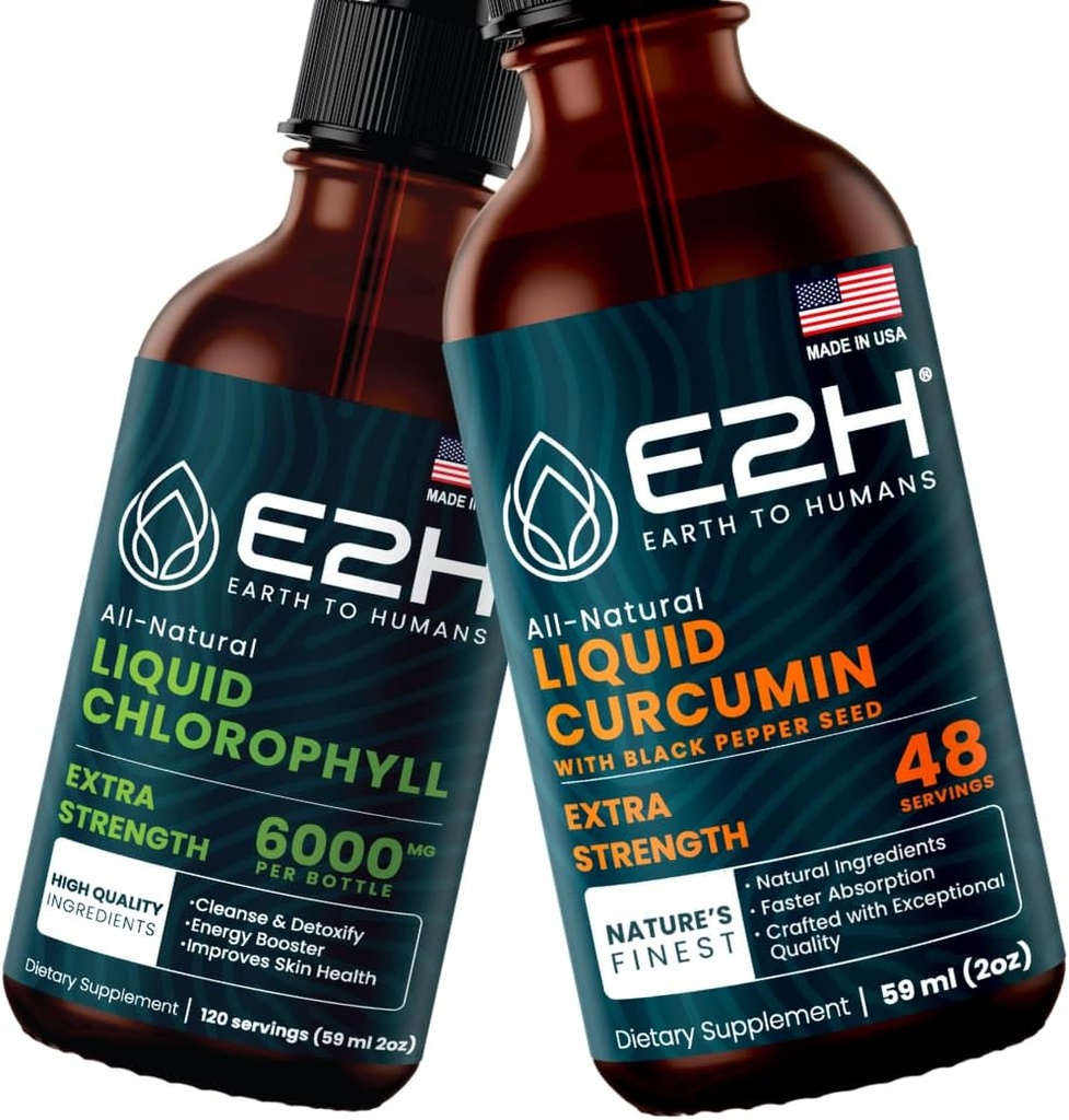 E2H: Clorofilla liquida e curcumina currica liquida | Vegan, Non OGM - 2 Fl Oz Ogni (4 Fl Oz Totale) - Bundle