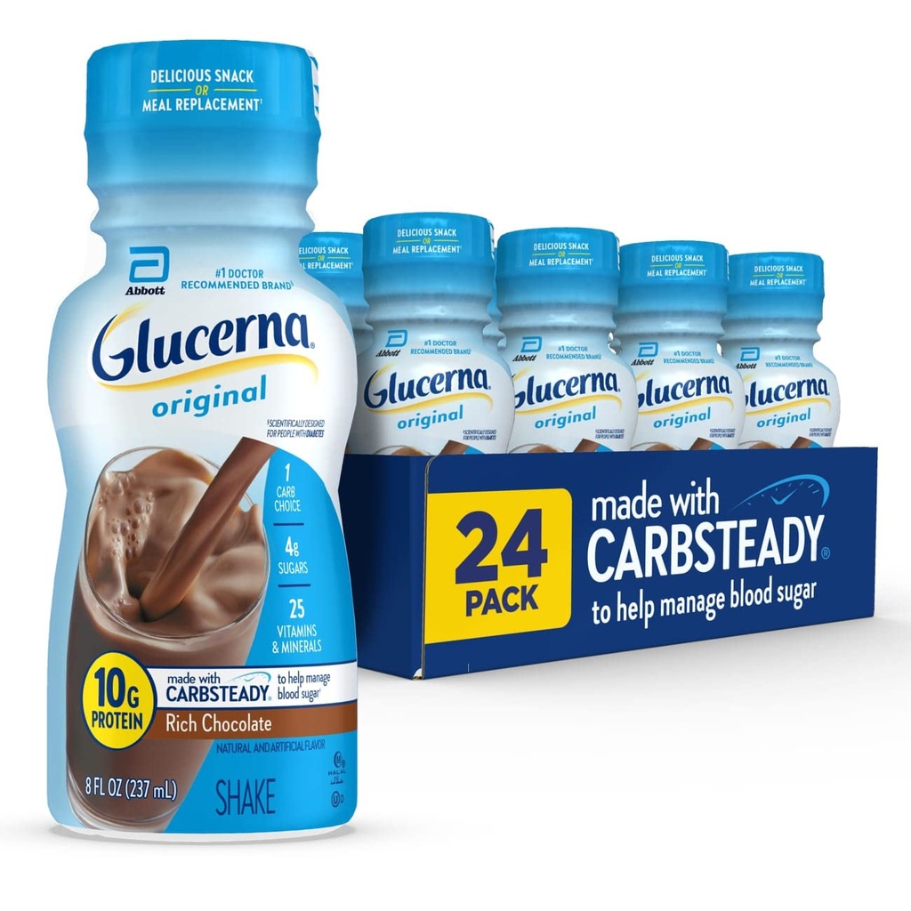 Glucerna Original Diabetes Care Shake, Cioccolato ricco, Sostituzione di farina diabetica per sostenere la gestione dello zucchero nel sangue, 10g Protein, 180 Calories, Pronto per bere, Bottiglia 8-fl-oz, 24 Pack