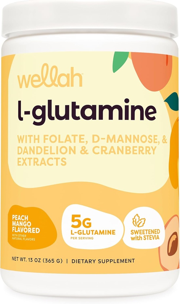 Wellah L-Glutamine Peach Mango (50 Serve) - 5g L-Glutamina Per Serve, Addolcito con Stevia