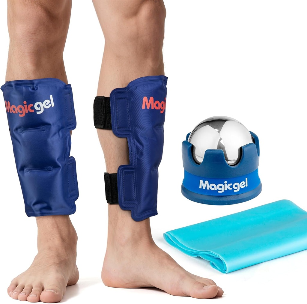 Shin Splint Relief: Hot & Cold Packs, Cryoball & Stretch Band per Shin Splints | Terapia calda e fredda per il sollievo dal dolore alle gambe | by Magic Gel