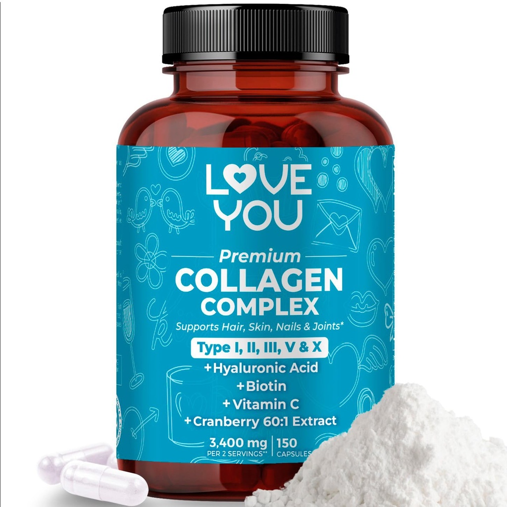 Love You Premium Collagen Complex – Tipi I, II, III, V & X – Hair, Skin, Nails, Joints & Gut Support – Peptidi di collagene bovino idrolizzato – Grass-Fed, Non-GMO, 120 Capsule, USA Made