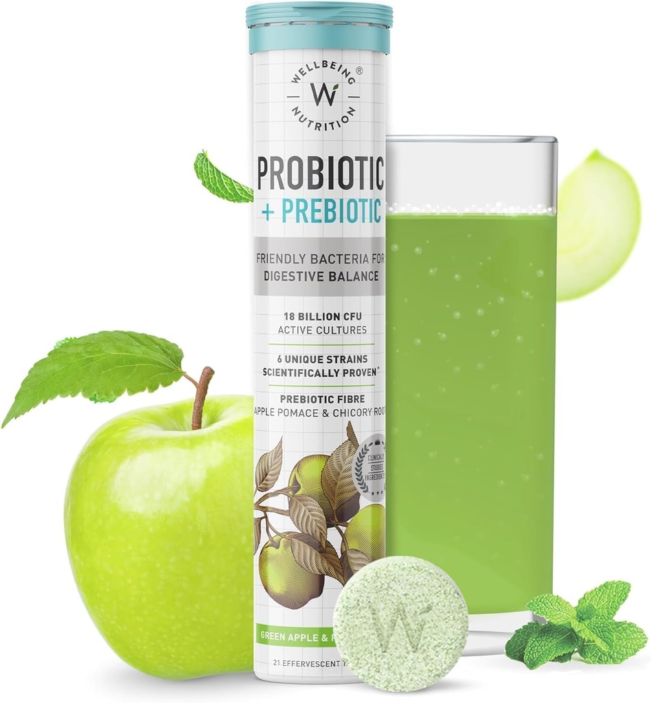 Benessere Nutrizione Probiotici giornalieri + Prebiotici | Migliorare il metabolismo, Rilievo di acidità, Digestione & Gut Salute | 18 miliardi CFU Organic Probiotici Supplemento per Uomini & Donne (21 Tab Effervescenti)