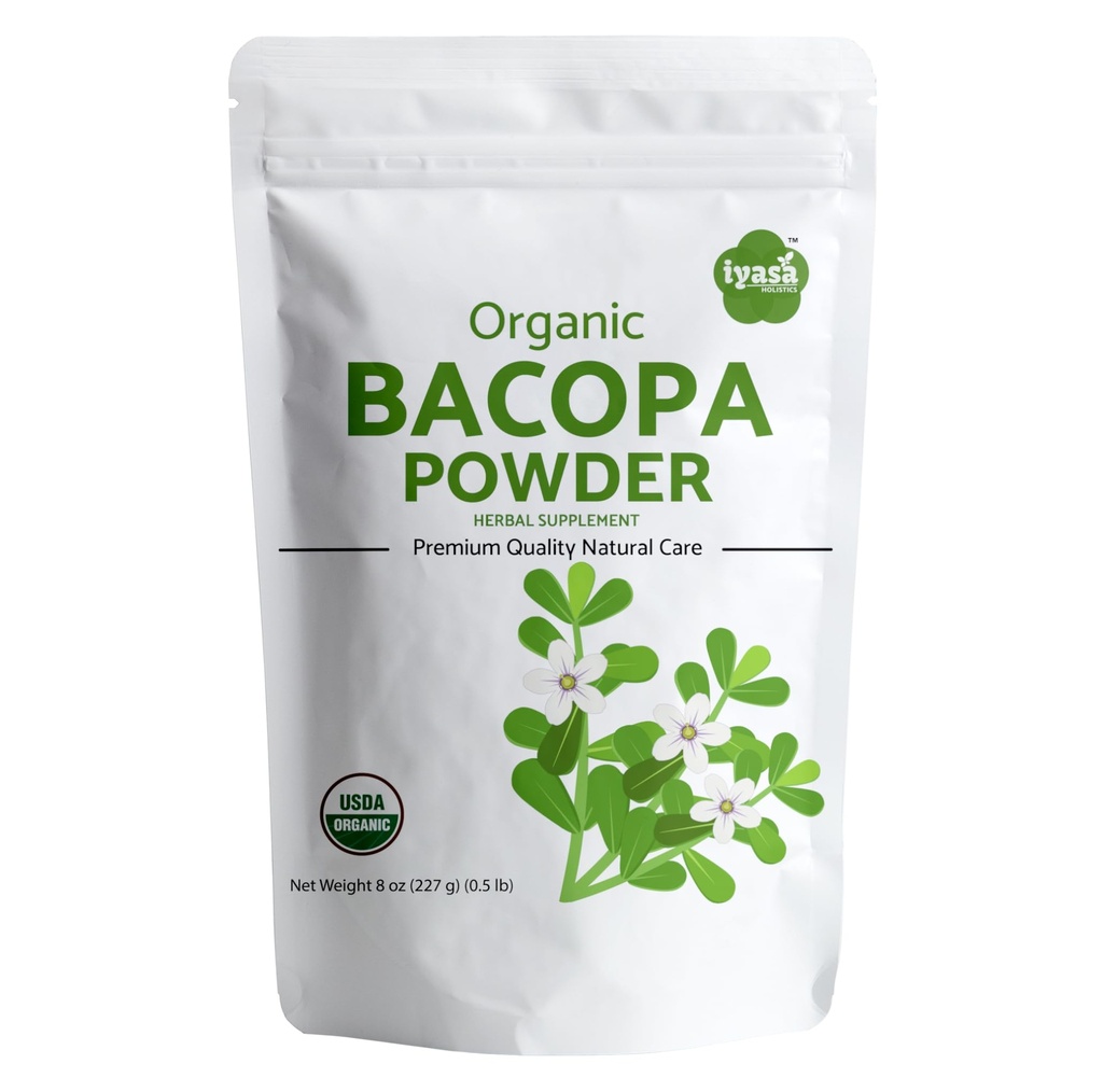 Iyasa Holistics Organic Bacopa Powder (Brahmi Leaf), Certificato Organic Ayurveda Superfood, Hair and Brain Tonic, Sacchetto Risillabile di 8 oz