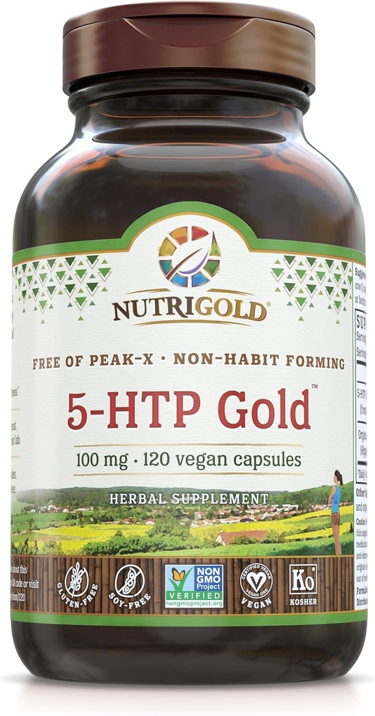 Nutrigold 5-htp 100mg, 120 Capsule Vegetariani - Il Gold Standard Pure 5-Htp Extract Garantito Libero di Harmful Peak-x, Gmos, & Allergeni