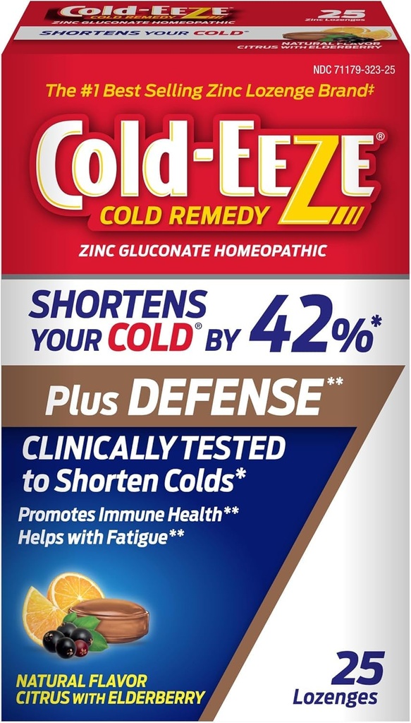 Cold-Eeze Plus Defense Citrus naturale con losanghe di zinco di sambuco, rimedi omeopatici, abbrevia i sintomi freddi comuni, promuove la salute immunitaria con Sambucus Nigra, Echinacea e Rose HIPS, 25 Ct