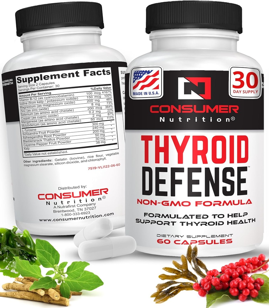 Supporto tiroide per le donne e gli uomini - Ashwagandha, Cayenne, Schisandra, & Kelp per la salute tiroide - Zinco, Vitamina B12 & Iodine Integratori per tiroide - Difesa tiroide 30 capsule
