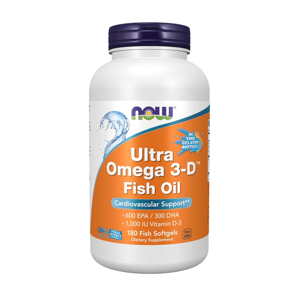 NOW Integratori alimentari, Ultra Omega 3DTM, Omega-3 Fish Oil + Vitamina D-3, Supporto cardiovascolare*, 180 Softgels
