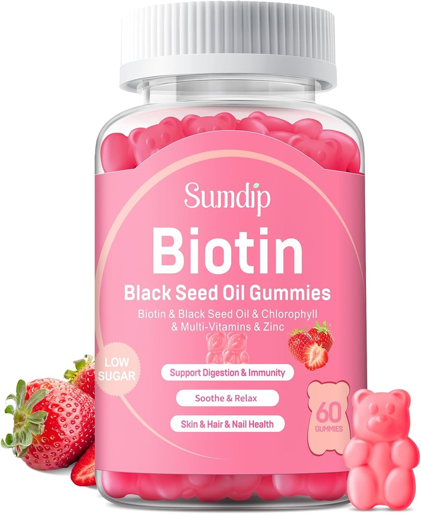 Black Seed Oil Gummies with Biotin, Immune Support Healthy Hair&Skin&Nails for Women and Men, Chlorophyll, Zinc, Vitamina A, B6, B12, C, D, E, Vegan Supplement - 60 Gummies
