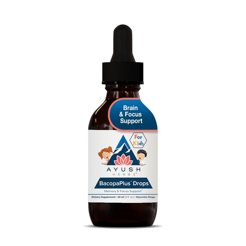 Ayush Herbs BacopaPlus Gocce per bambini - Bambini Focus e Attenzione Supplemento con Bacopa, Ashwagandha, Ginkgo, Supporto per cervello e memoria, ingredienti biologici - 2 Fl Oz (80 Serve)