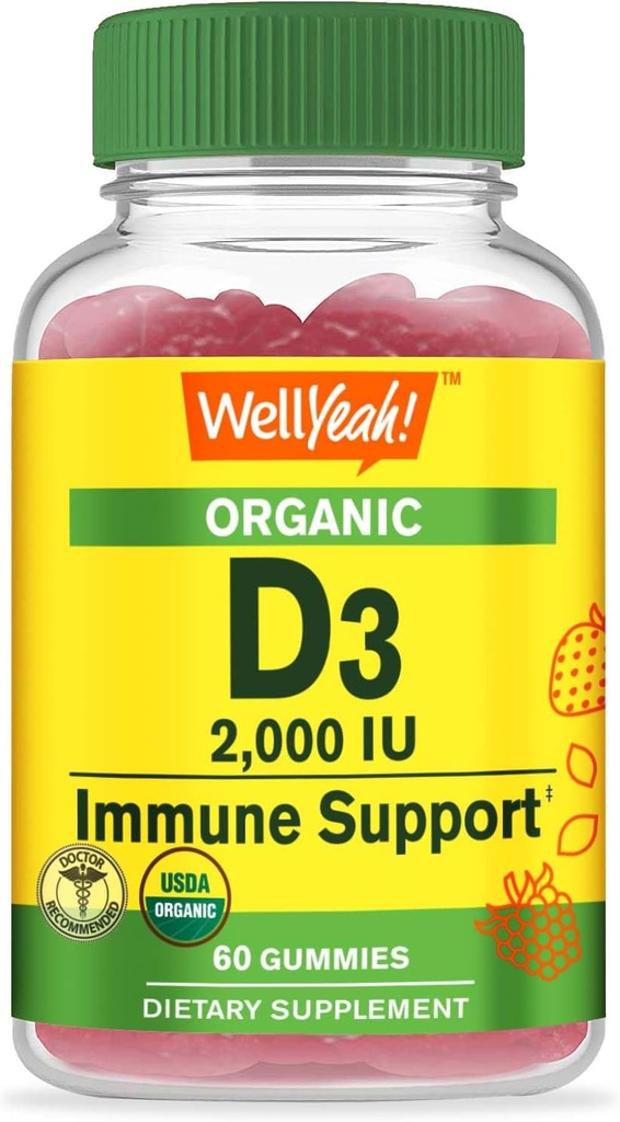 WellYes Organic Vitamin D3 2000 IU (50 mcg) Gummies - Supporta Bone, Muscle Strength and Immunity - Non-GMO, Gluten Free - USDA Organic - Natural Flavors - 60 Gummies