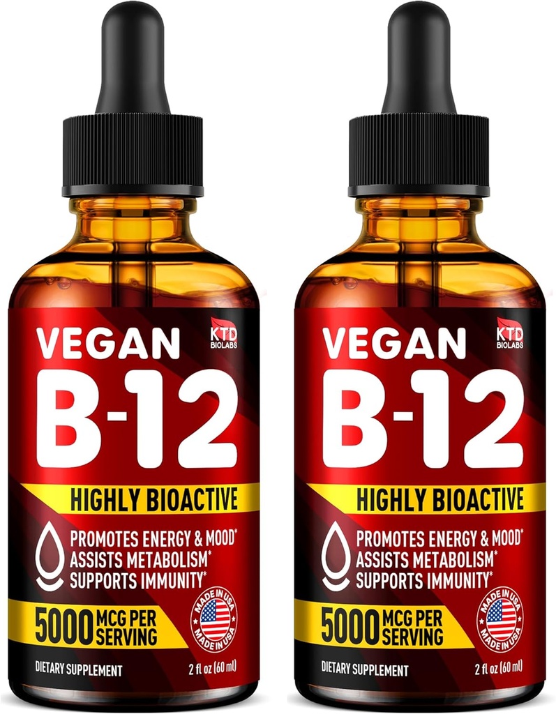 Confezione da 2 - B12 Sublingual 5000 mcg Drops - Made in USA - Vegan B12 Vitamine per l'energia, Mood & Memory - Gocce sublinguali altamente biodisponibili - Methylcobalamin per le donne & uomini - 2 fl. oz.
