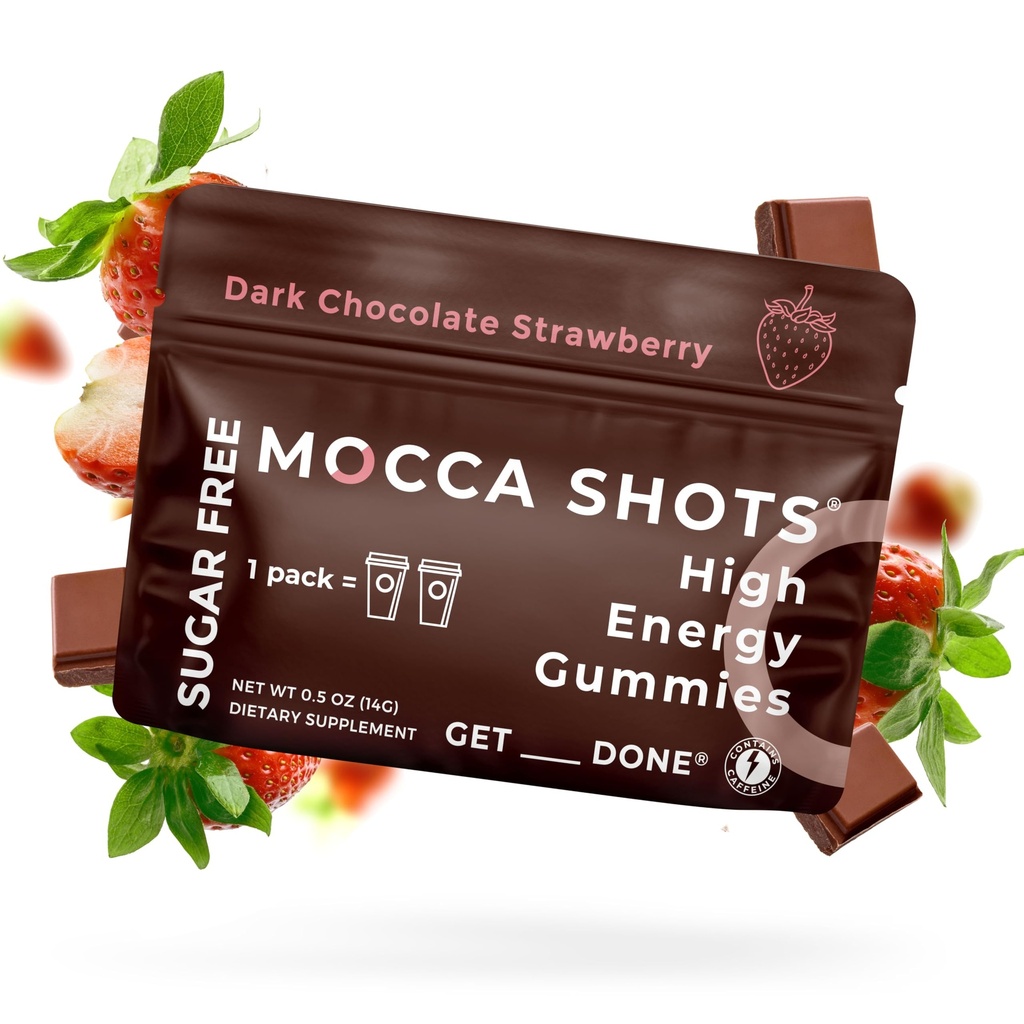 SGC Alta concentrazione 100mg Caffeina per pancia, 2 Gummies per confezione, 6-Pack Mocca Shots Zucchero-Free Strawberry Plant-Based nootropic Instant Energy con Ginkgo biloba, Theobromine.