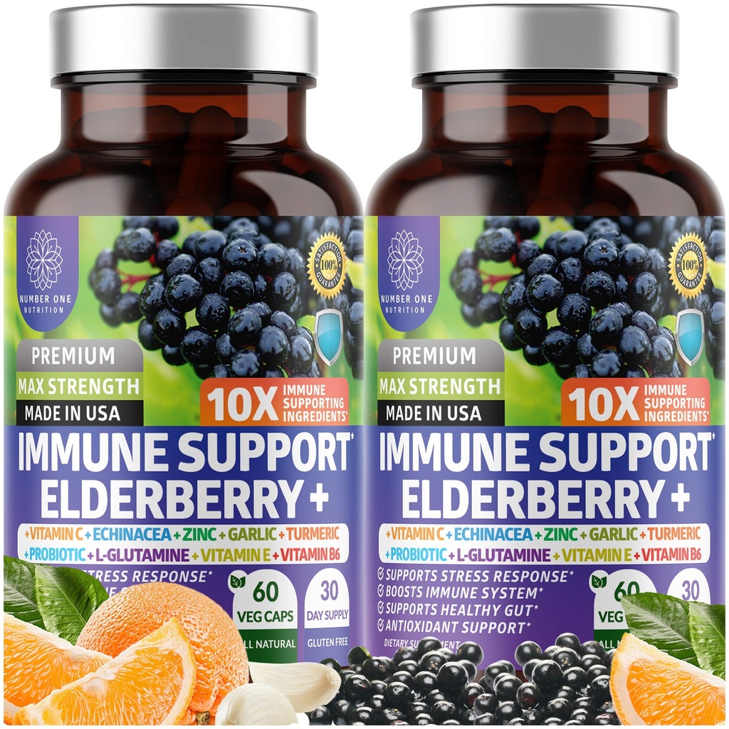 2 Pack N1N Premium 10 in 1 Integratore di Supporto Immune [10 Ingredienti Potenti] con Elderberry, Vitamina C, Zinco, Echinacea, Curcumina Turmerica, Aglio e Probiotici per Adulti, 120 Caps Veg