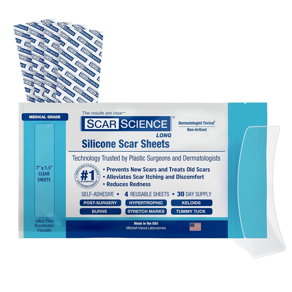 Fogli per cicatrici in silicone di grado medico - 7" Nastro in silicone riutilizzabile per le cicatrici - Nastro trasparente traspirante per C-Sezione, Tuck pancia, Cicatrici chirurgiche e Keloids - 4-Pack