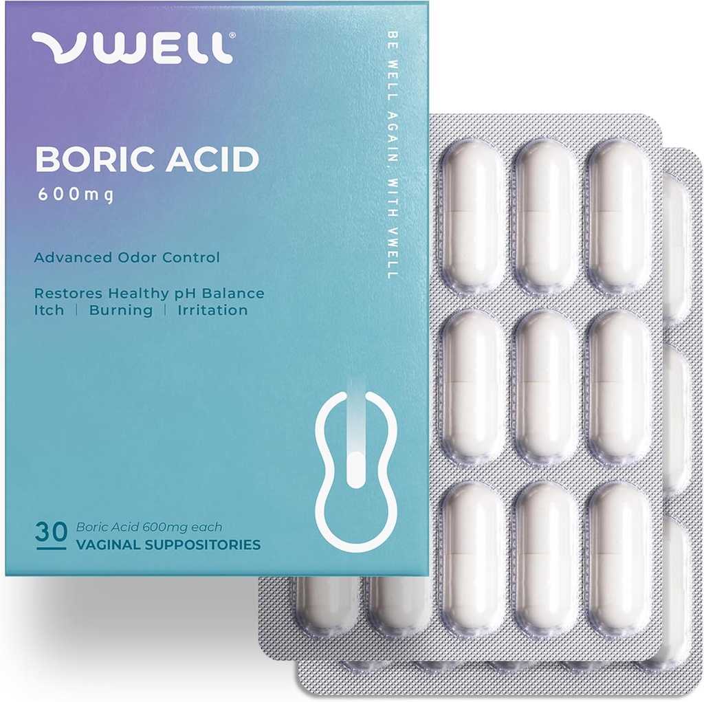VWELL Boric Acid Vaginal Suppositories - Mantiene e bilancia sano pH vaginale e microbiome per gestire l'irritazione di Odor Itch Burning Intimacy - Medici Raccomandati (One Size, 30, Conte)