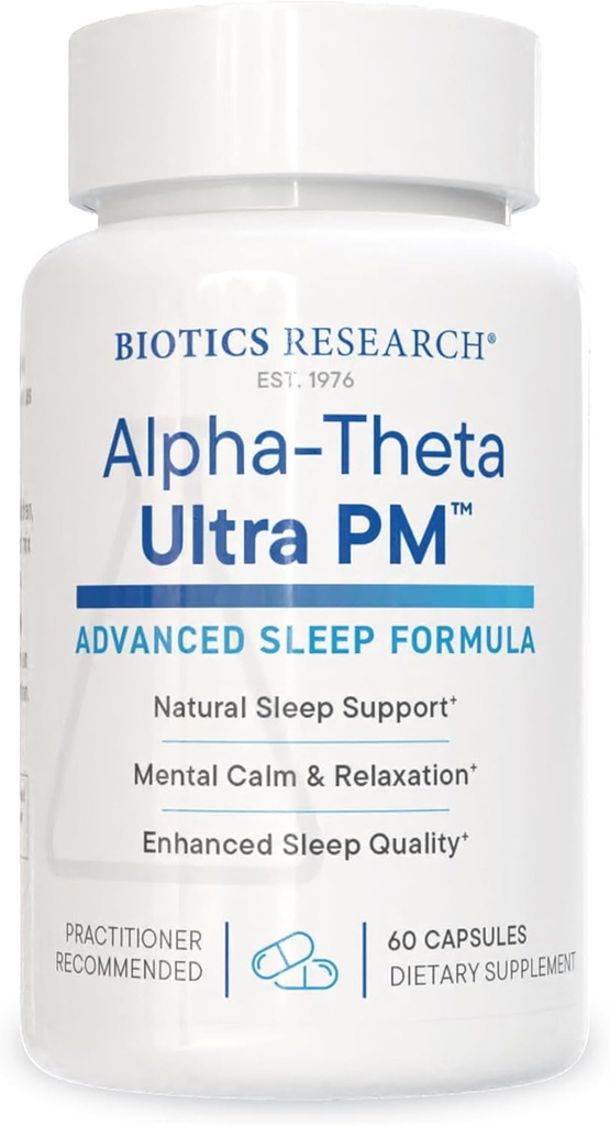 Ricerca biotica Alpha Theta Ultra PM L Theanine, Passionflower, Lemon Balm, Supporta GABA, Serotonina, Regola Circadian Rhythms, 60 Capsule