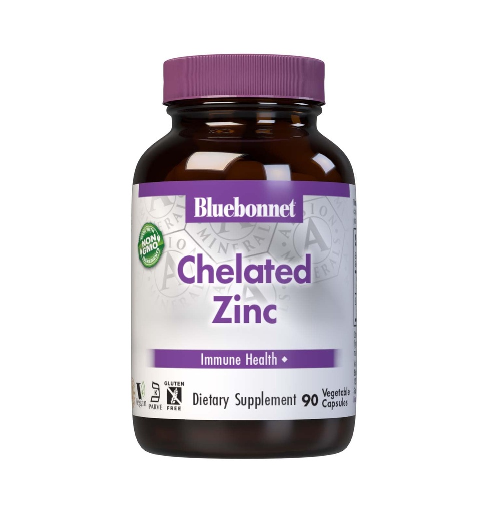 Bluebonnet Nutrition Albion Chelated Zinc, Per la salute e l'enzima Immune Funzione*, Soy-Free, Gluten-Free, Non-OGM, Kosher Certificato, Dairy-Free, Vegan, 90 capsule vegetali, 90 Serve