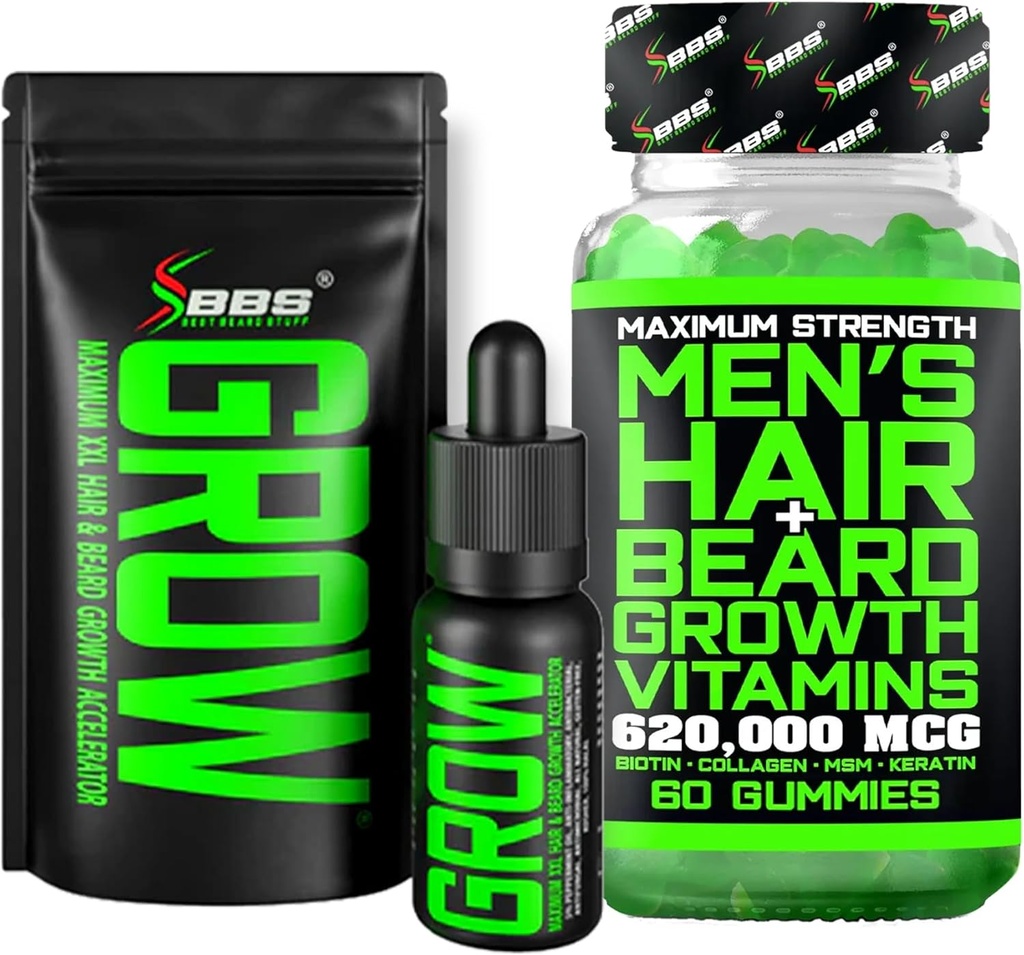 Kit di crescita del cuscinetto w/Grow XXL Beard olio/Siero per la crescita dei capelli facciali per gli uomini + Forza massima 620.000mcg 14-in-1 BIOTIN Vitamine di crescita dei capelli facciali per gli uomini - Formulato in America