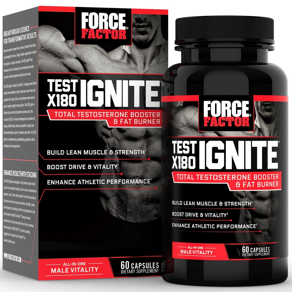 FORCE FACTOR Test X180 Accensione Booster testosterone totale per gli uomini con semi di fieno greco e estratto di tè verde per costruire il muscolo magro, aumentare l'energia e migliorare le prestazioni, 60 conte