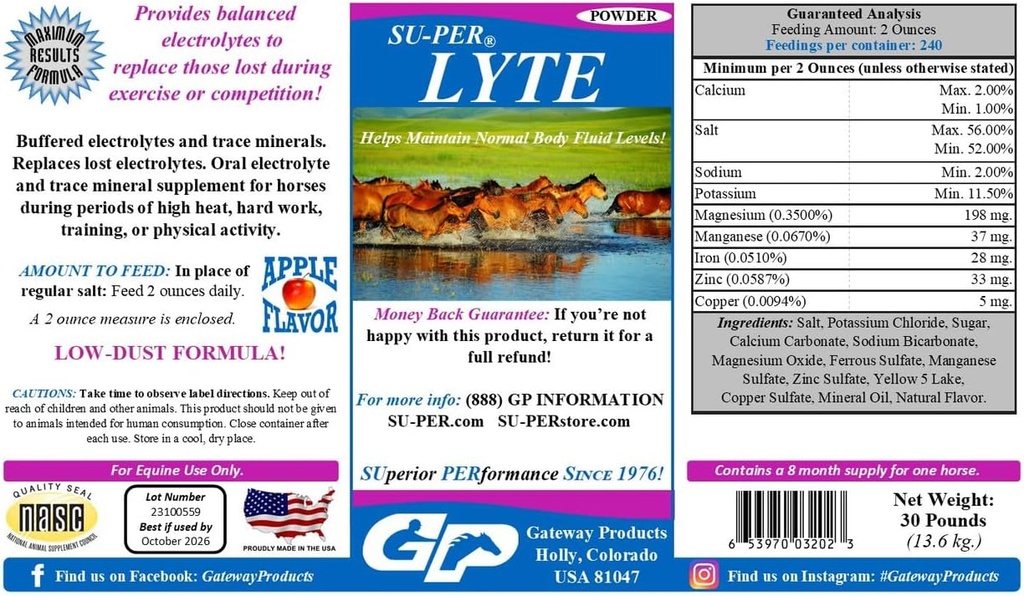 SU-PER Lyte Horse Electrolyte Supplemento - aiuta a mantenere i livelli normali del fluido del corpo - Performance Horse Minerals & Electrolytes sostituzione - 30 sterline, 8 mesi di alimentazione