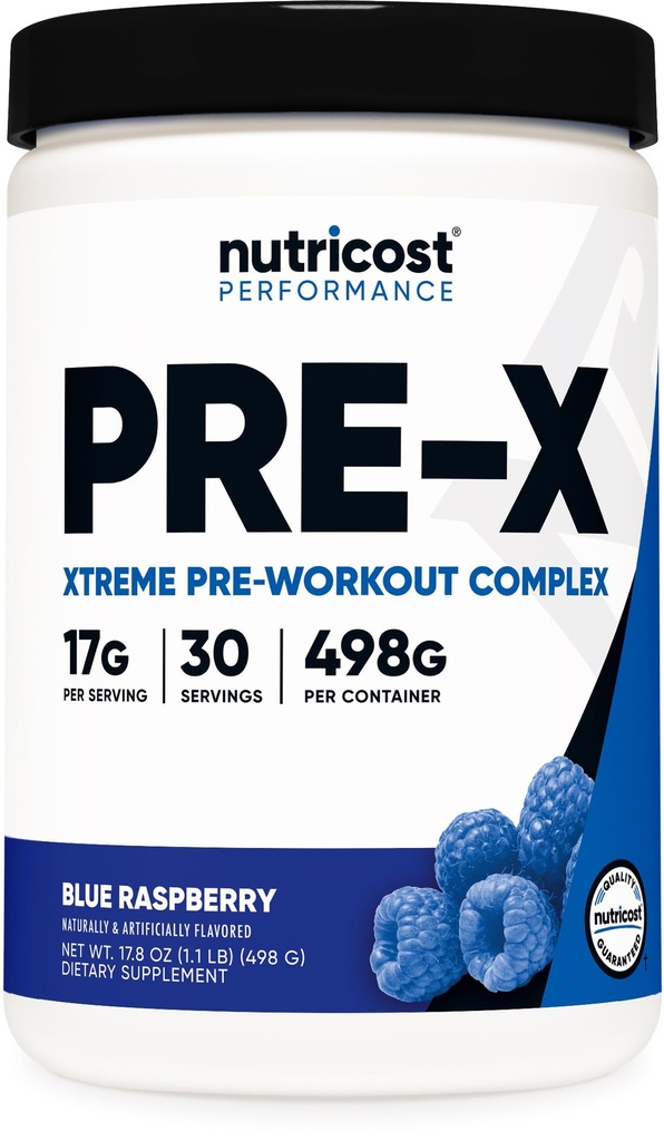 Nutricost Pre-X Xtreme Pre-Workout Powder Complex, Blue Raspberry, 30 Serve, Vegetariano, Non OGM e Gluten Free