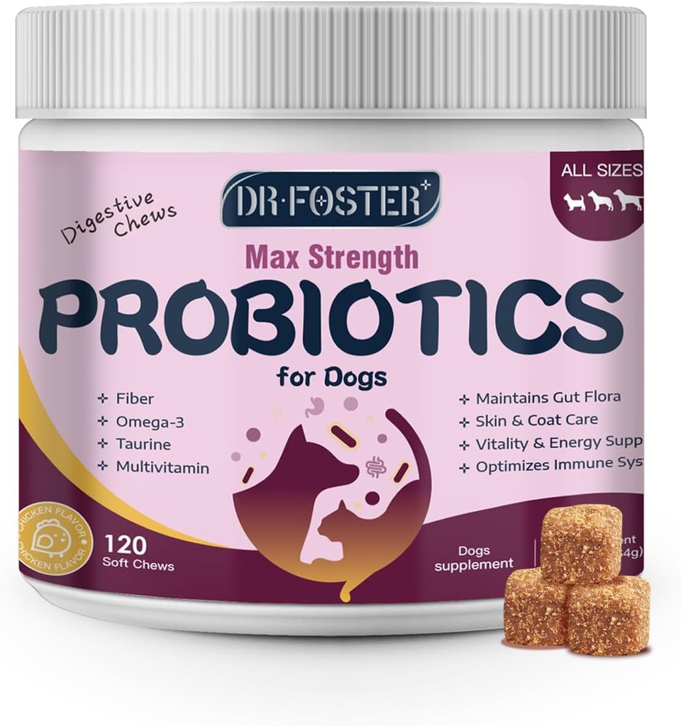 Probiotici per cani - Probiotici per la salute digestiva, Prebiotici, Enzimi digestivi per cani con zucca, Omega-3, Gut di supporto, Immune, Diarrea, 120 Soft Chews