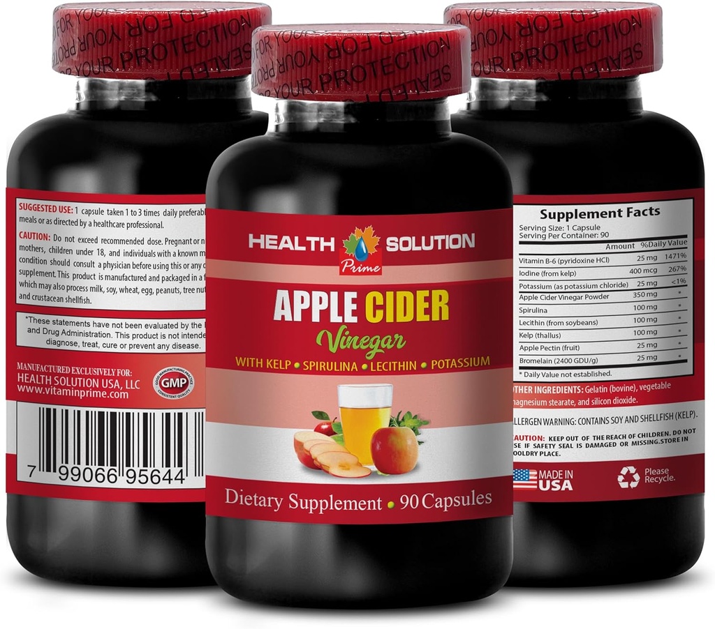 Prodotti per i capelli dell'aceto del sidro di mele - Aceto di sidro di mele Complesso avanzato con kelp, spirulina, lecitina - Lecitina kelp b6, Klamath Blue Green Algae, supplemento di sostegno della digestione - 1 bottiglia 90 Caps