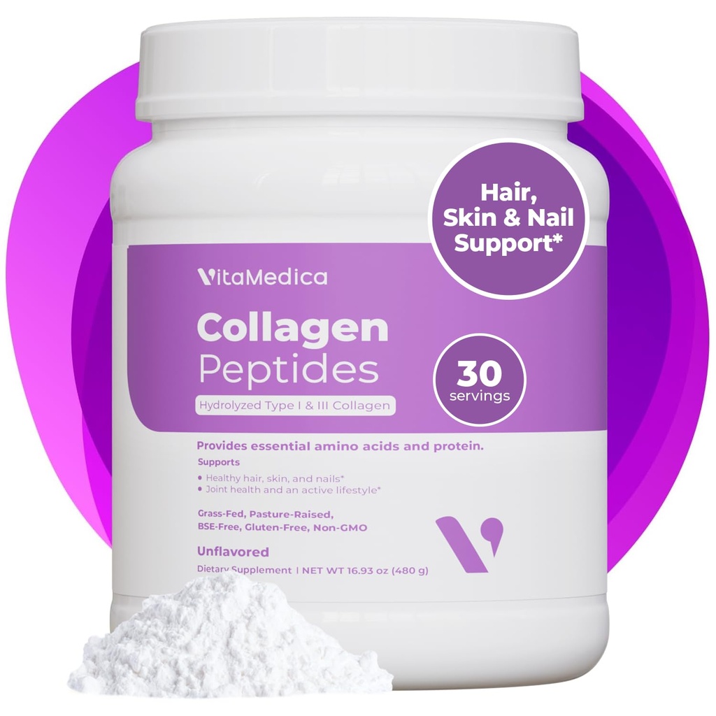 VitaMedica Collagen Peptides Polvere per donne e uomini - Capelli sani, pelle, unghie, ossa e articolazioni - Tipi idrolizzati I & III, Grass-Fed, Pasture-Raised Protein, Zero Sugar - 30 Servings