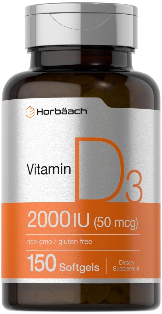 Horbaach Vitamina D3 2000IU Softgels | 150 Count | 50mcg Cholecalciferol | Non OGM & Gluten Supplemento gratuito