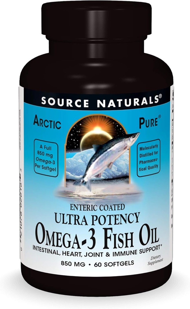 Fonte Naturals ArcticPure Omega-3 Fish Oil 850mg Ultra Potency EPA + DHA per il cuore, Joint, Brain & Immune Health -Enteric Coated For Sensitive Stomachs - 60 Softgels