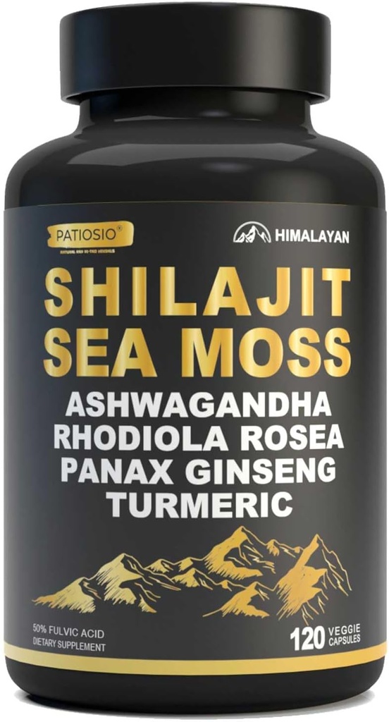 Capsule Shilajit per Uomo - 50% Acido Fulvico, 85+ Minerali Trace Pure Himalayan, Estratto di resina Shilajit con Moss Mare, Ashwagandha-per Energia, Stamina -120 Capsule