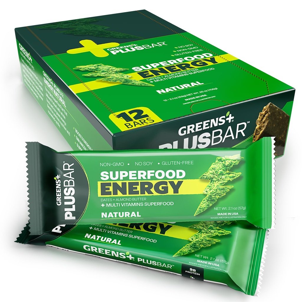Greens+ Plusbar Energy, Naturale, Gluten-Free Snack con Super Greens, Superfoods & Mandorla Butter, Vegan, Dairy-Free, Non-OGM, 10g Protein Meal Sostituzione, 12 Pack