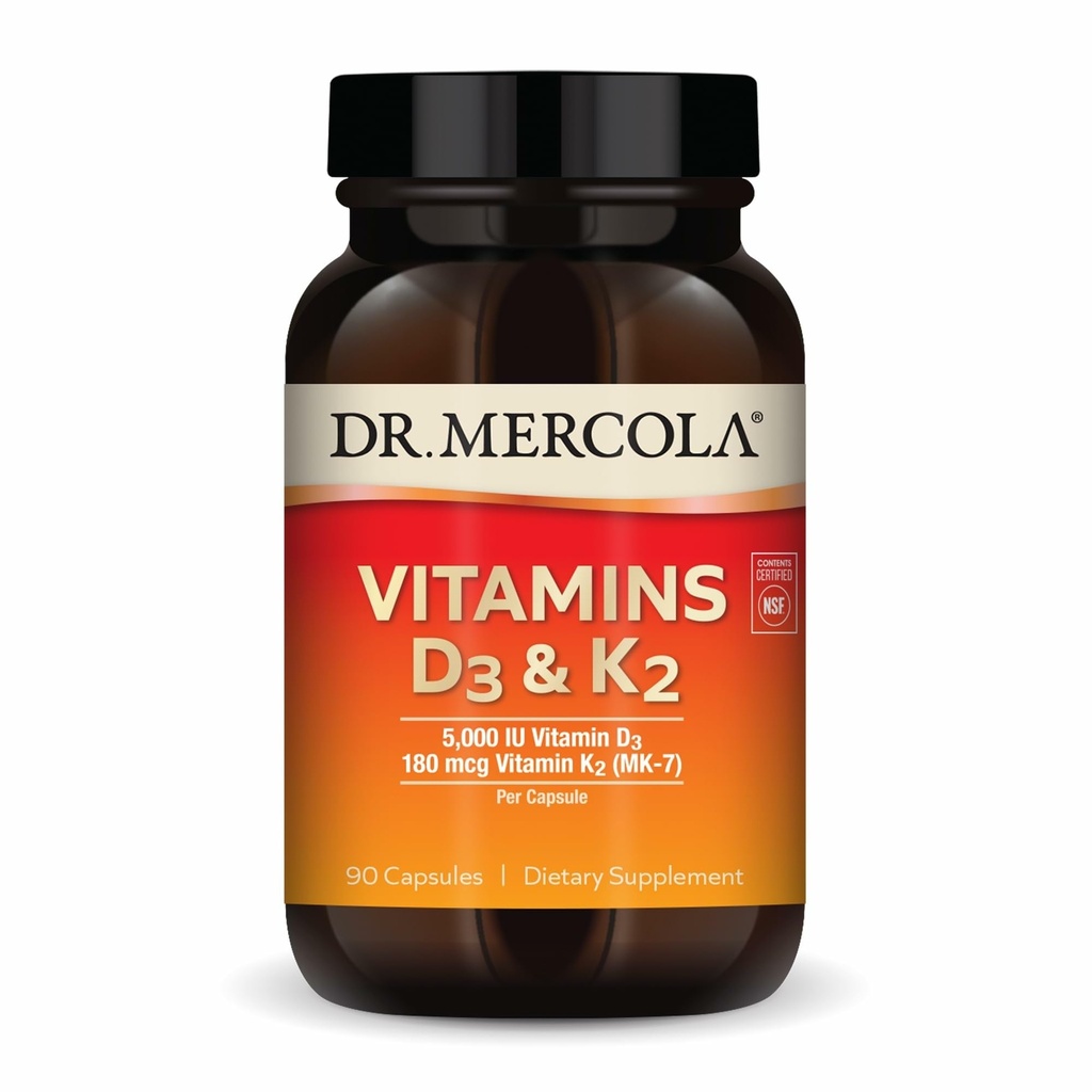 Dr. Mercola Vitamins D3 & K2 Integratore alimentare, 90 Serve (90 Capsule), Supporta la salute del cuore, Supporto immunitario, Non OGM, Soia Free, Gluten Free