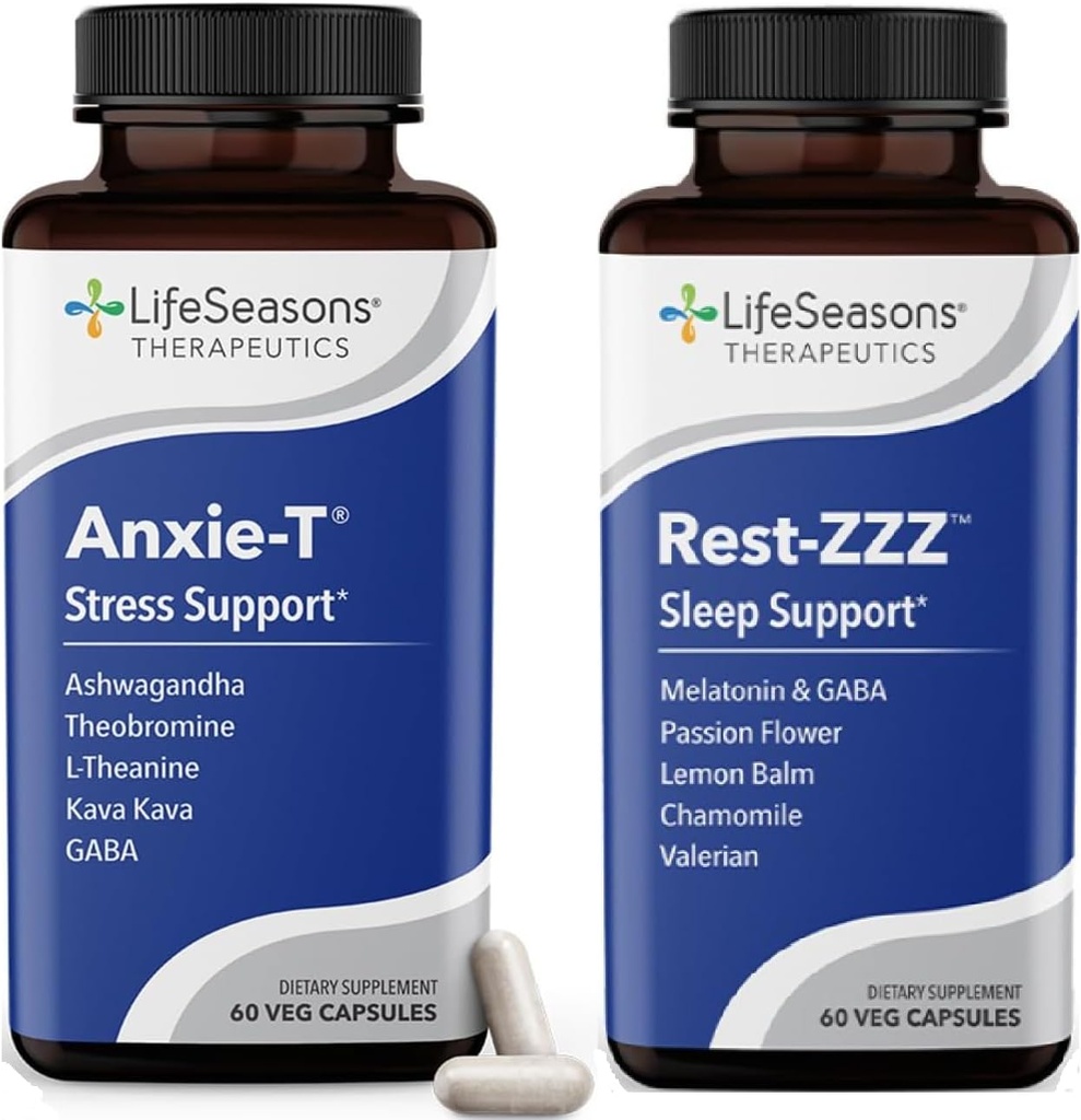 LifeSeasons Anxie-T con Rest-ZZZ - Supporta il sonno di Mood & Full Night - Tensione del muscolo naturale di Ease & Restlessness - 120 capsule