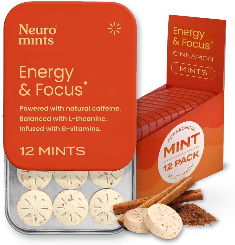 NeuroGum Energy Caffeine Mints (144 Pezzi) - Zucchero Libero con L-teanina + Caffeina naturale + Vitamina B12 & B6 - Nootropic Energy & Focus Supplemento per Donne & Uomini - Keto & Vegan, Cinnamon Flavor
