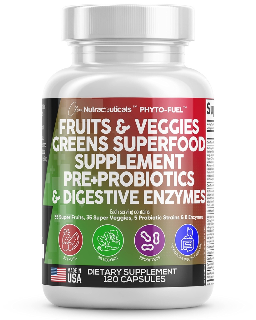 Clean Nutraceuticals Frutta e verdura Supplemento Reds & Green Superfood - Equilibrio di oltre 70 frutta e integratori vegetali Capsule con Probiotici Prebiotici Enzimi Digestivi - 120 Ct USA