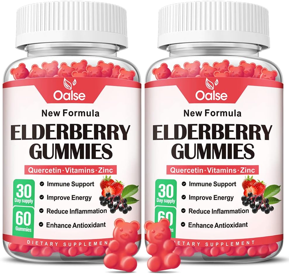 Gummie di mirtillo organico per bambini e adulti - Sambucus Black Elderberry Gummies + Zinco e Vitamina C & D3 Support Immune Defense Muscle Strength Dental Health [60 Count (Pack of 2)]