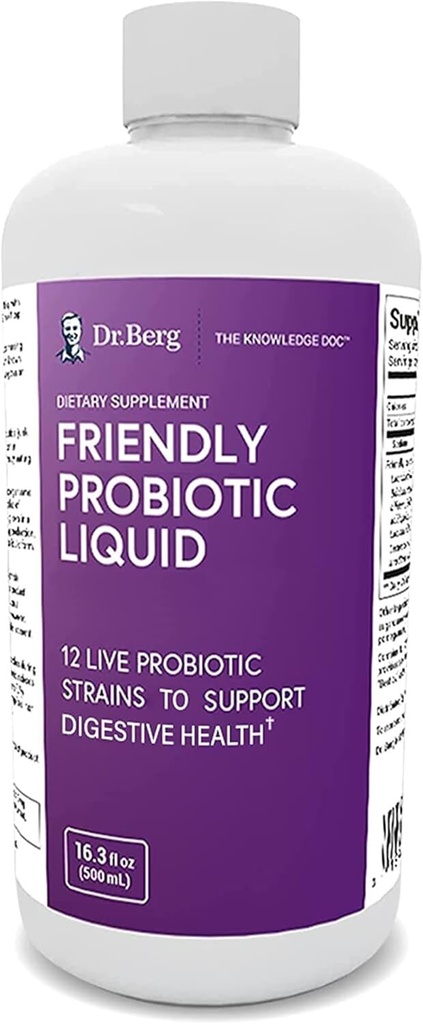 Dr. Berg's Friendly Probiotic Liquido Supplemento Bere Mix w / 12 Probiotici dal vivo Strains & Lactobacillus Acidophilus - Salute digestiva, Sistema Immune & Gut Supporto per uomini donne & bambini -1 Mese di alimentazione
