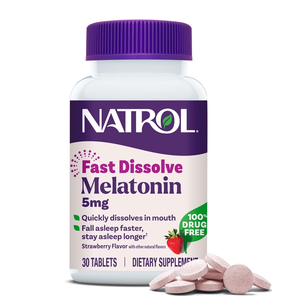 Natrol Fast Dissolve Melatonin 5 mg, integratori di melatonina per il sonno riposante, supporto del sonno per gli adulti, 30 compresse aromatizzate alla fragola, fino a un 30 giorni di alimentazione