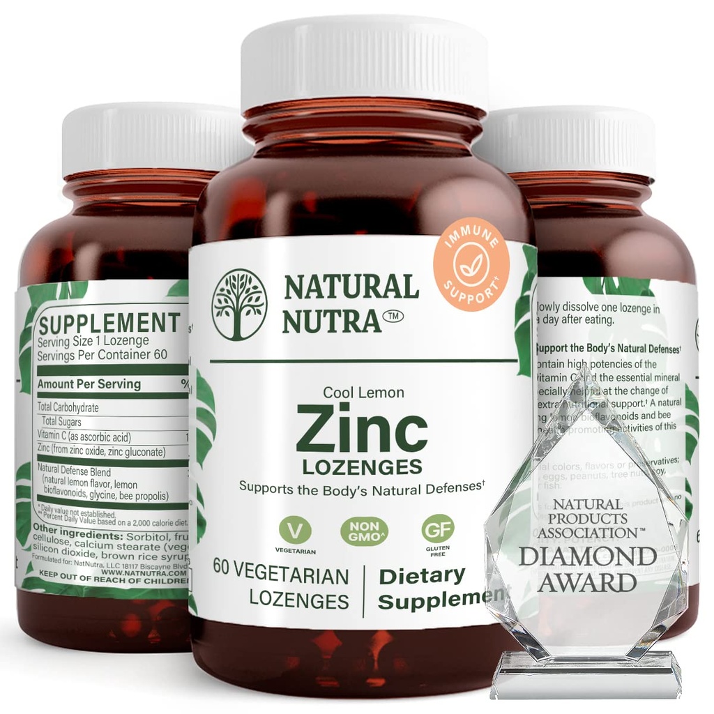 Nutra Zinco Naturale Lozenges con Vitamina C, Limone Flavor, Supporto Immune, Nervous System & Bone Strength, Fortified with Bioflavonoids and Bee Propolis, Sublingual Zinc Gluconate, 60 Vegetariano