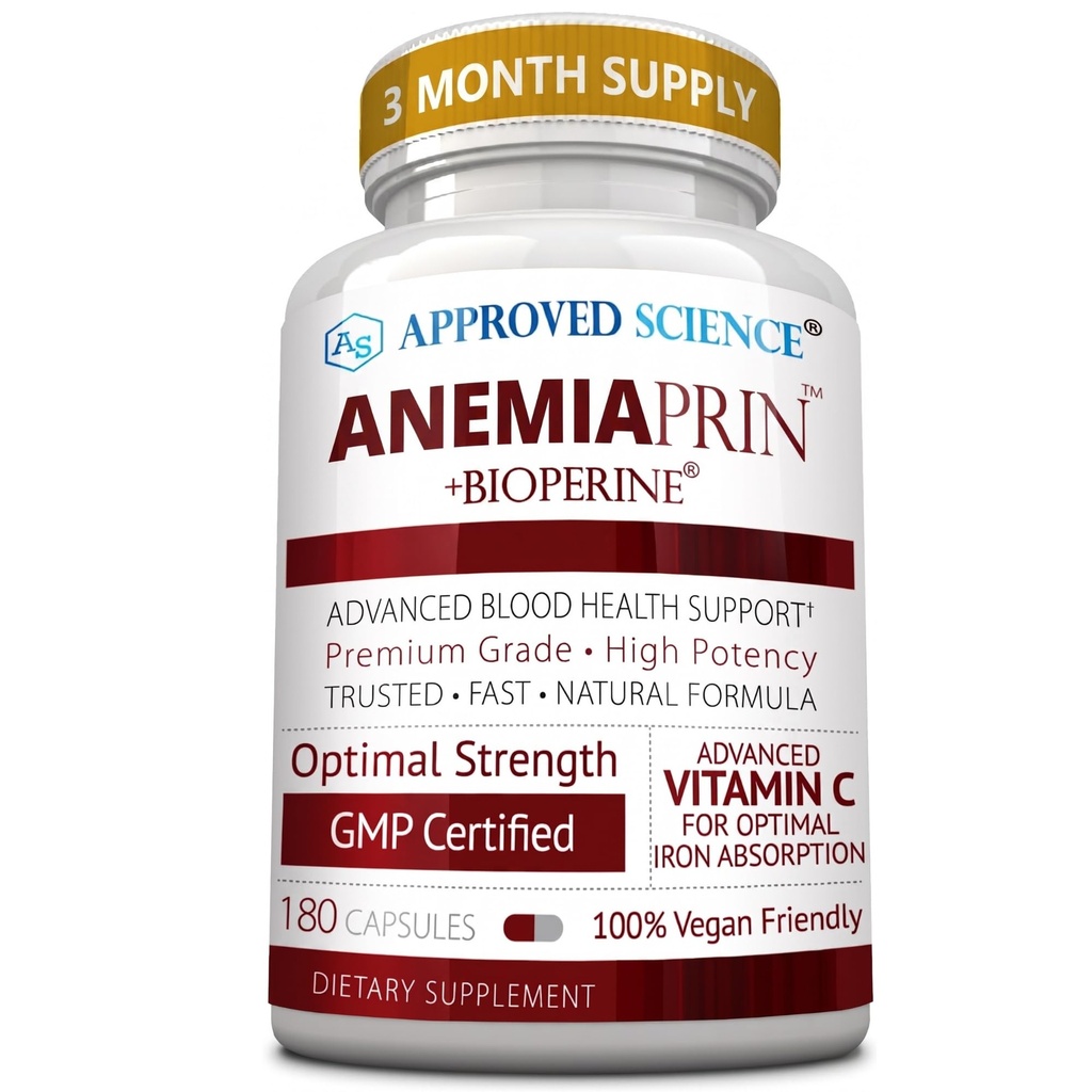 Approvato Anemiaprin Scienza - Ferro assorbente, Vitamina C - Gentle Su Stomach - 180 Capsule - 3 Mesi di Alimentazione - Non OGM, Vegan