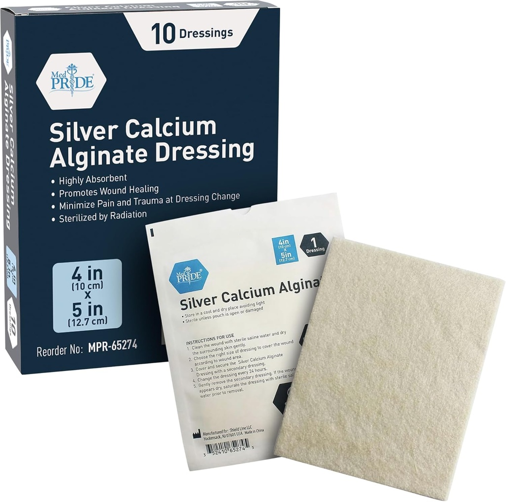 MED PRIDE Silver Calcium Alginate Wound Dressing, 10-Pack | Altamente assorbente, antiaderente, alghe marine, facile rimozione (4' x 5'''' Silver)