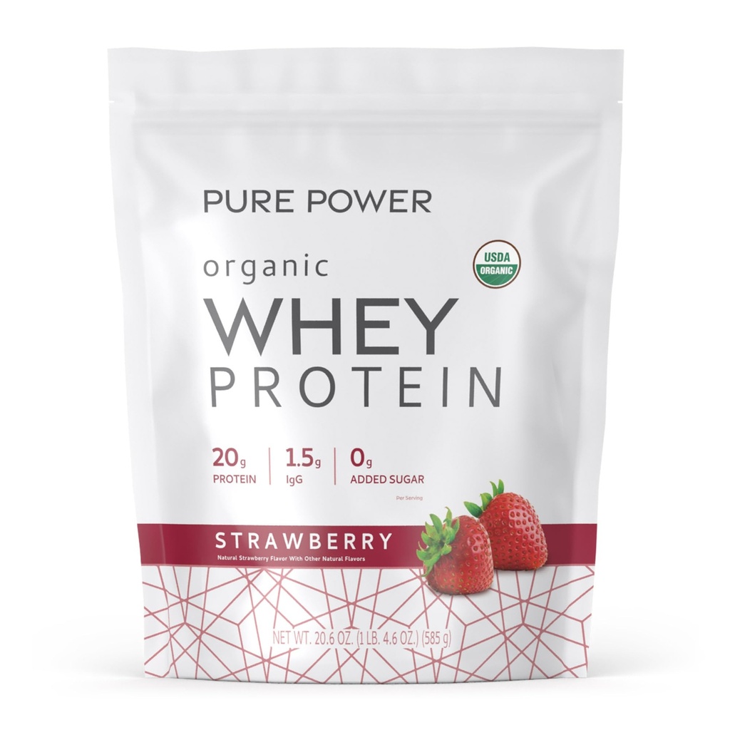 Dr. Mercola Pure Power Organic Whey Protein - 20 g Protein - Supporta la crescita muscolare & Energy - Grass-Fed Whey Concentrate - 15 Serve (20.60 oz) - Fragola
