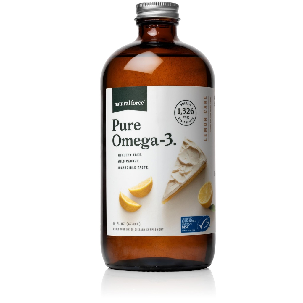 Forza naturale Pure Omega 3 - Olio di pesce liquido - Delicious Lemon Cake Flavor - Mercury Free, Caught Wild, Lab Tested - 1,326 mg Triglyceride EPA, DHA, & DPA - bottiglia di vetro da 16 Oz