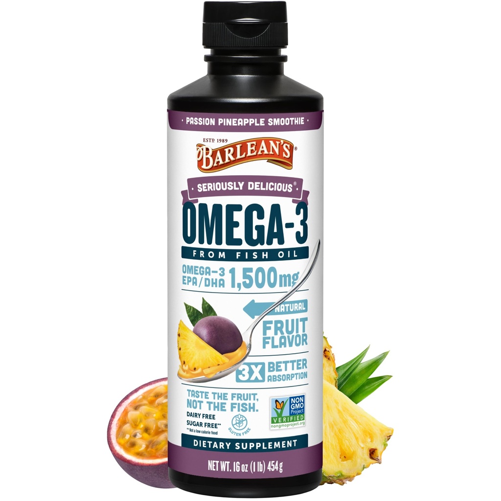 Integratore liquido dell'olio di pesce Omega 3 di Barlean per gli uomini e le donne, ananas della passione, 1500 mg EPA e acido grasso DHA, 16 oz