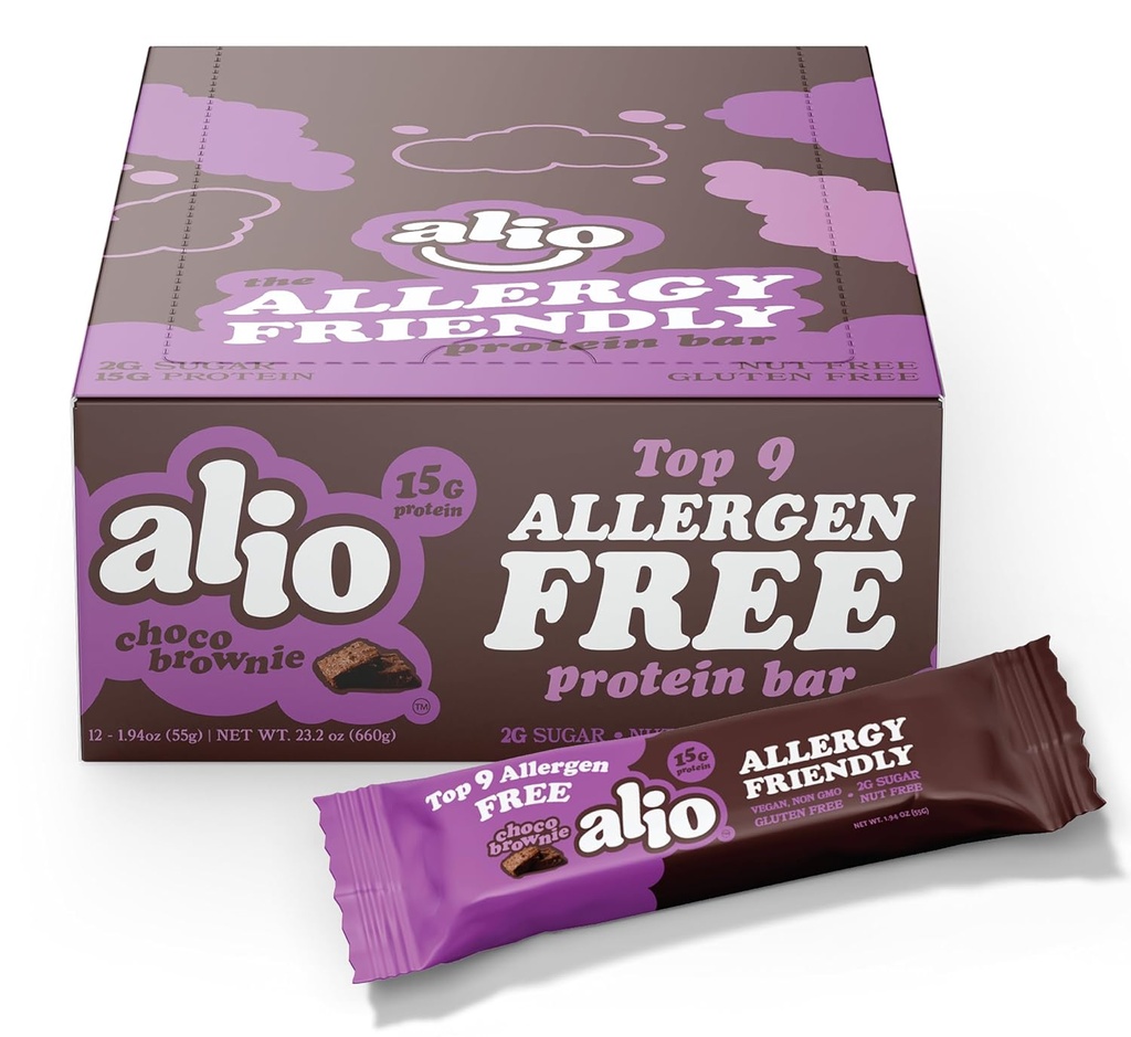 Alio Protein Bars - Choco Brownie (12 bar) – Libero dai Top 9 Allergeni Alimentari, Alta Proteina, Bassa Calore, Vegan, Senza Glutine, Senza Nut, Non-OGM, Pianta-Based, Olio Di Semi Libero, Delicious & Healthy Snack