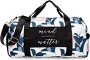 Borsa Gym per le donne con scorcio e tasca bagnata | Duffle leggero durevole con citazione motivazionale e disegni grafici | Grande per esercizi e pernottamenti | Bianco/Navy - Guava Leaf