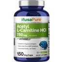 NusaPure Acetil L-Carnitina 750mg per Caps 150 capsule vegetali (non OGM, Vegan) ad alta potenza Acetil L Carnitina HCL (ALCAR)